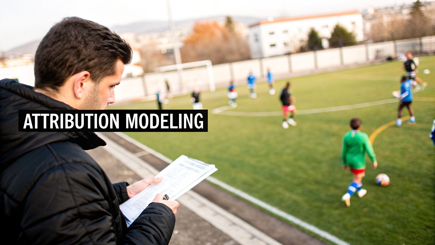 A person in a black jacket holds papers, observing kids playing soccer on a green field with 'ATTRIBUTION MODELING' text.