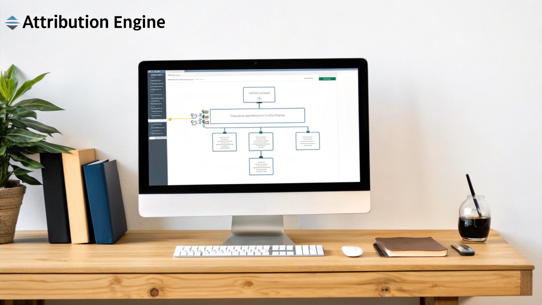 A clean desk setup with a computer displaying a marketing attribution diagram, books, and a plant.
