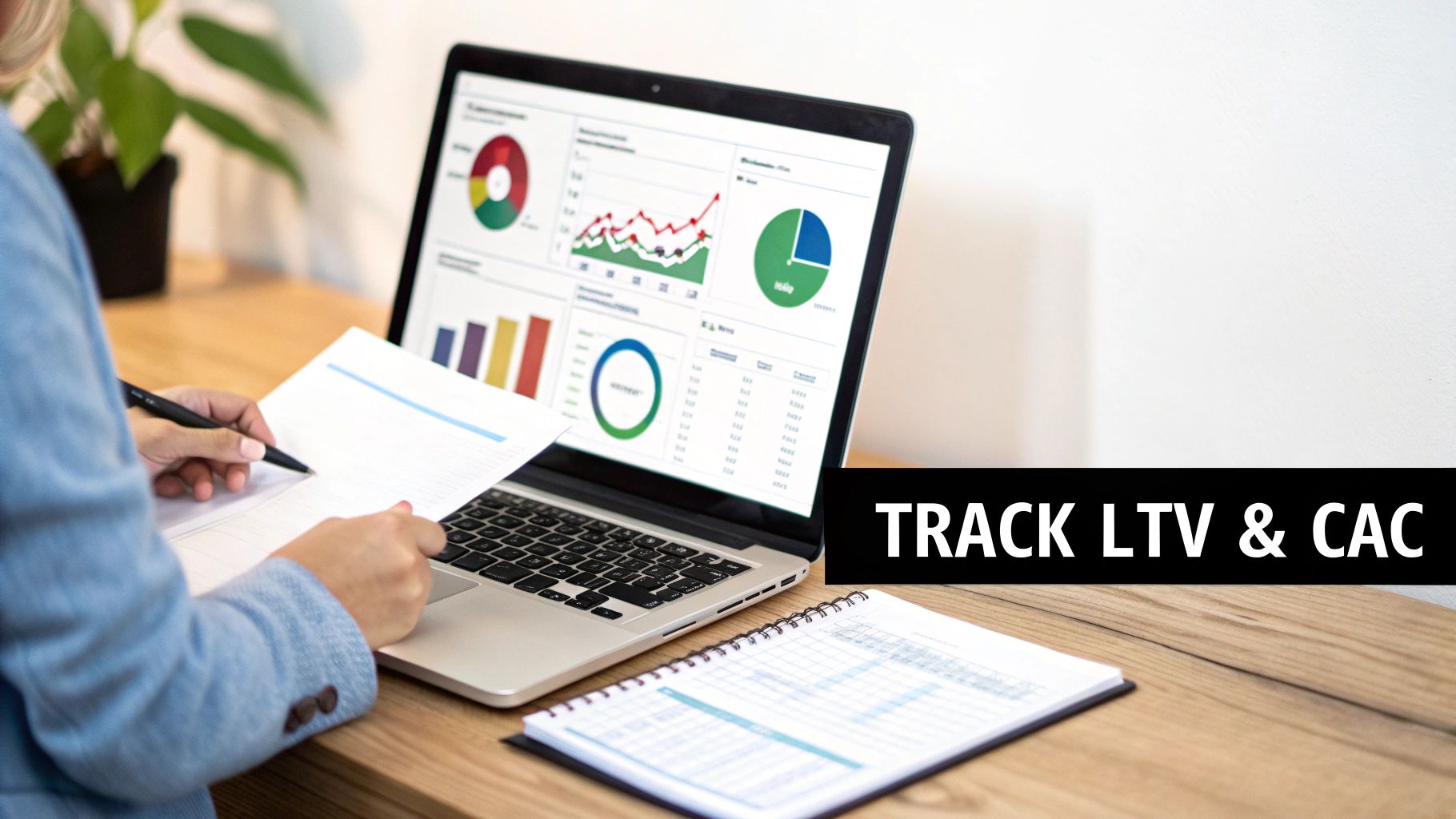 A person analyzing marketing data on a laptop dashboard, tracking LTV and CAC, with documents and a notebook.