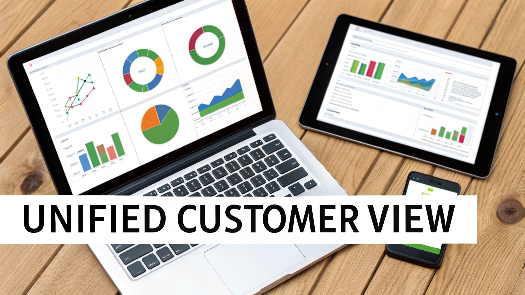 A laptop, tablet, and smartphone display business analytics and customer data dashboards.