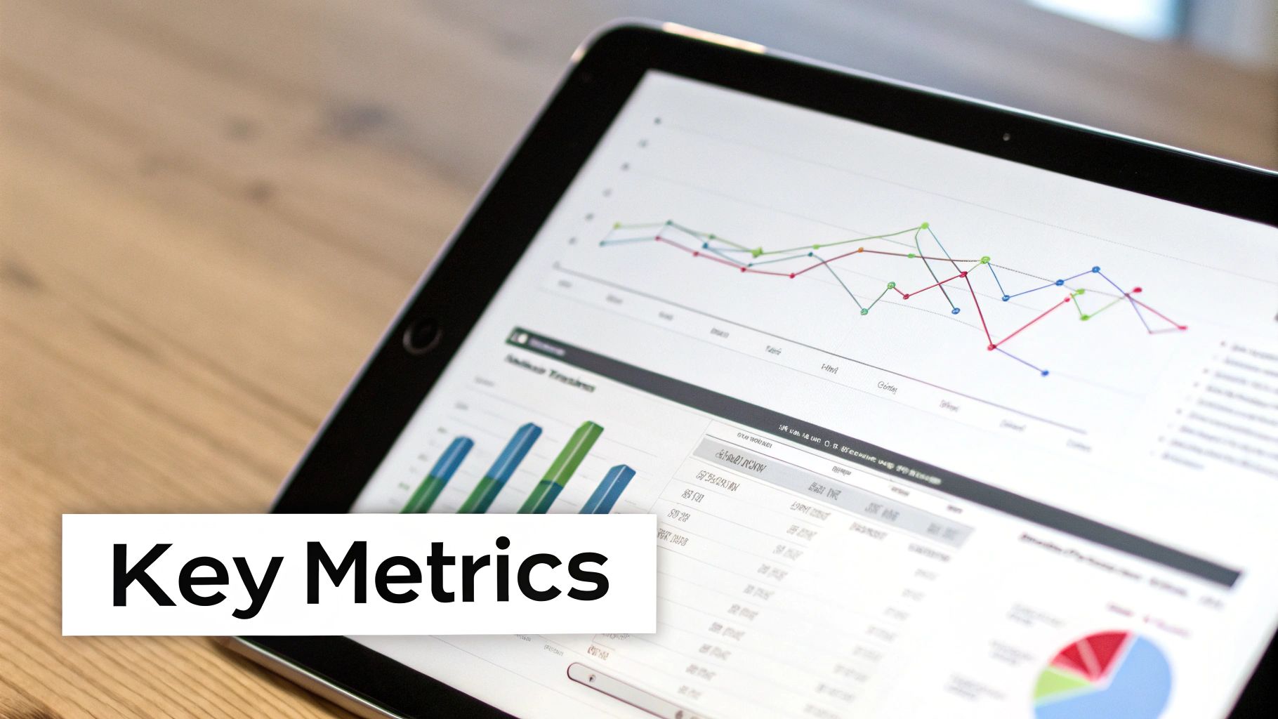 A tablet displays colorful line graphs, bar charts, and a pie chart, showcasing key business metrics on a wooden table.