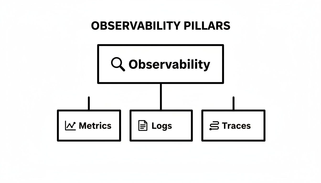 A diagram illustrating the observability pillars: metrics, logs, and traces as key components.
