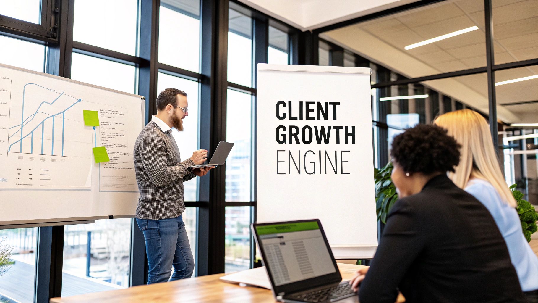 A man presents using a laptop and whiteboards to two colleagues in an office.