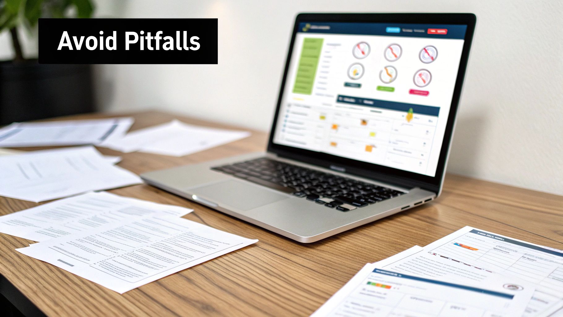 A laptop on a wooden desk with papers and 'Avoid Pitfalls' text overlay.