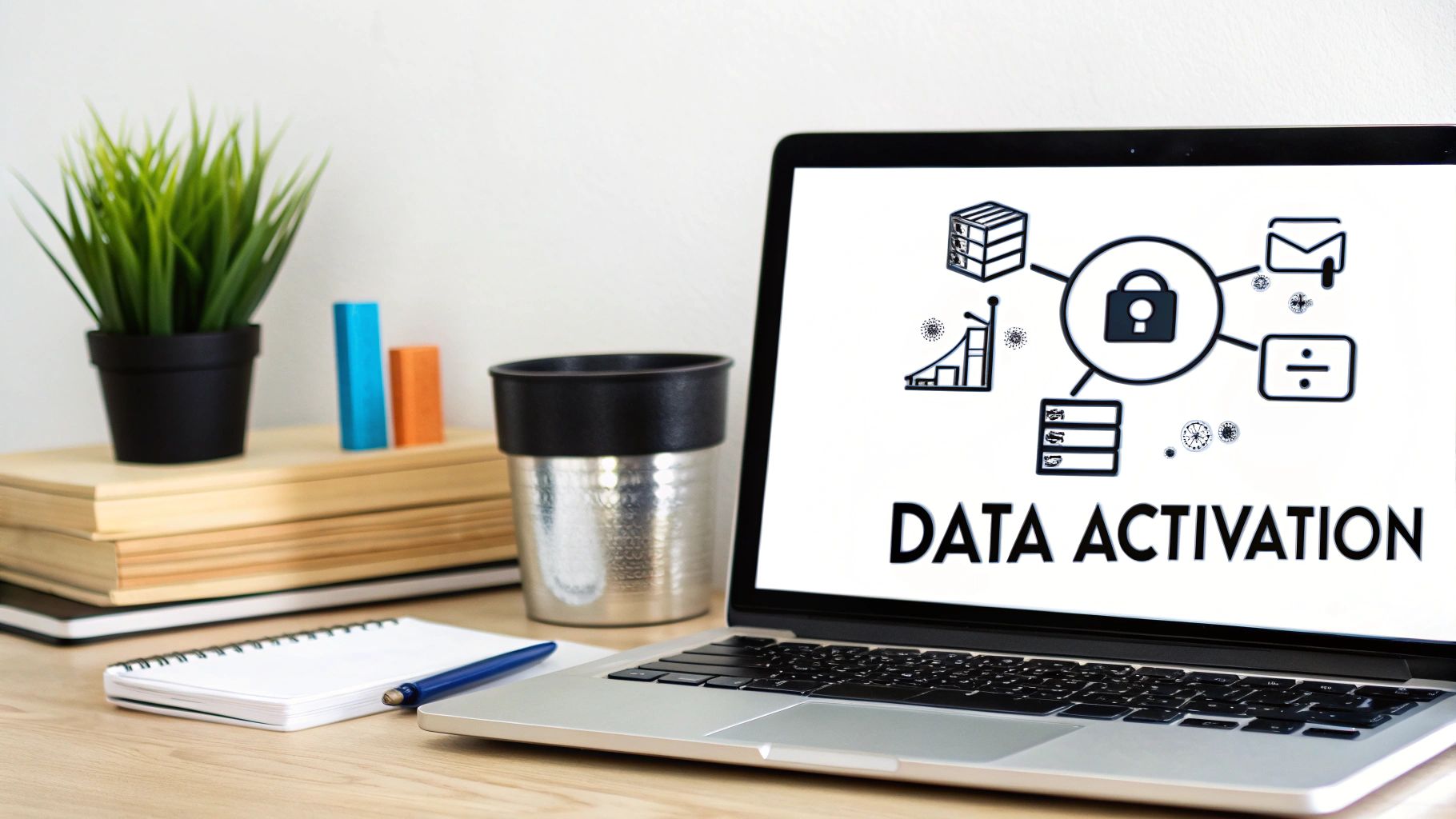 Laptop displaying 'DATA ACTIVATION' diagram with a padlock icon on a desk with office items.