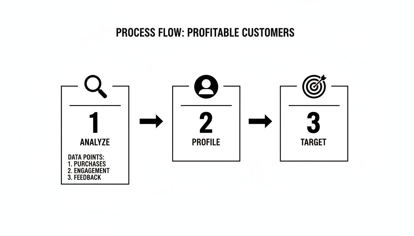 A three-step process flow for identifying profitable customers: Analyze (purchases, engagement, feedback), Profile, and Target.