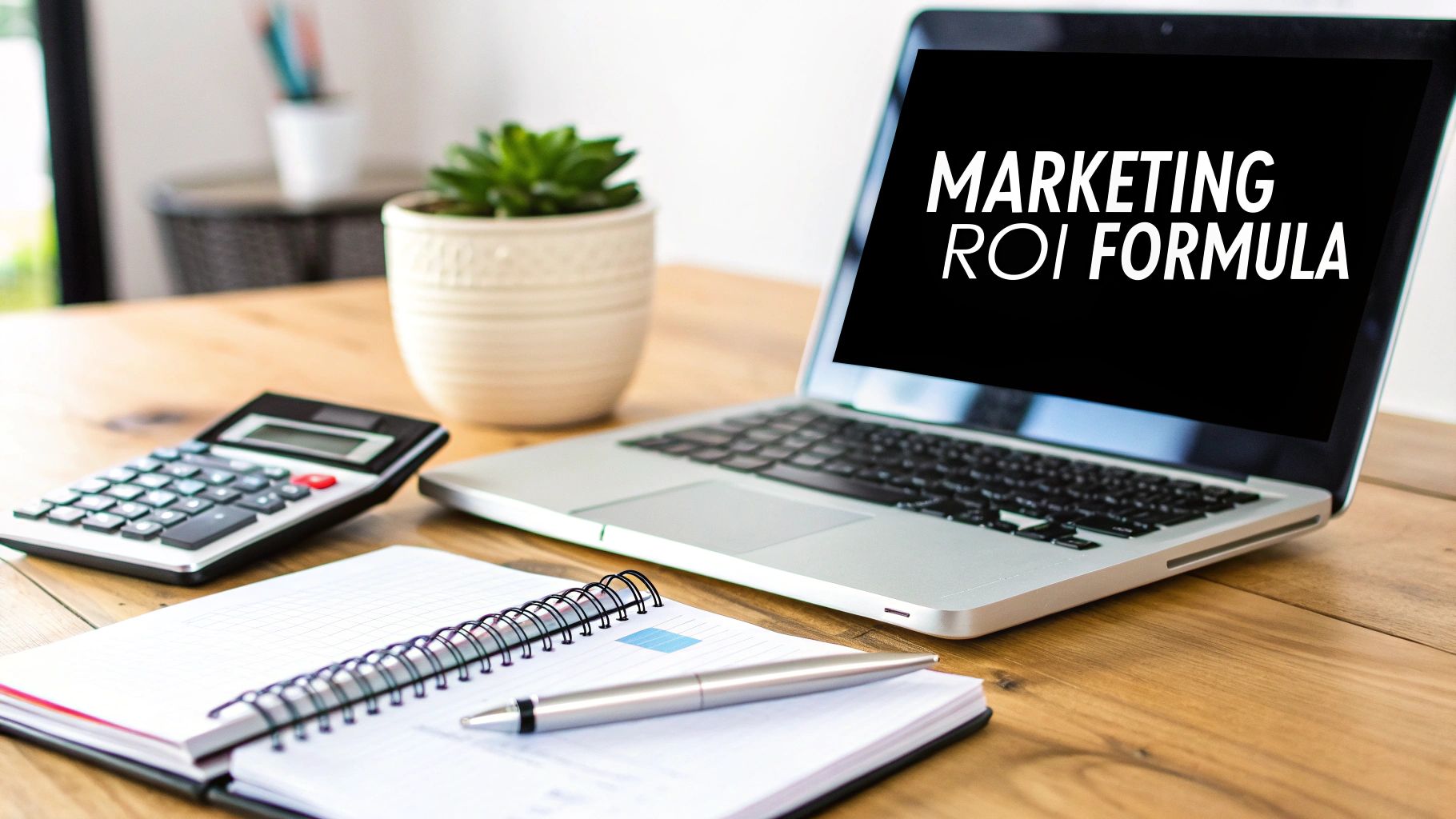 A laptop displaying 'MARKETING ROI FORMULA' on a wooden desk with a calculator and notebook.