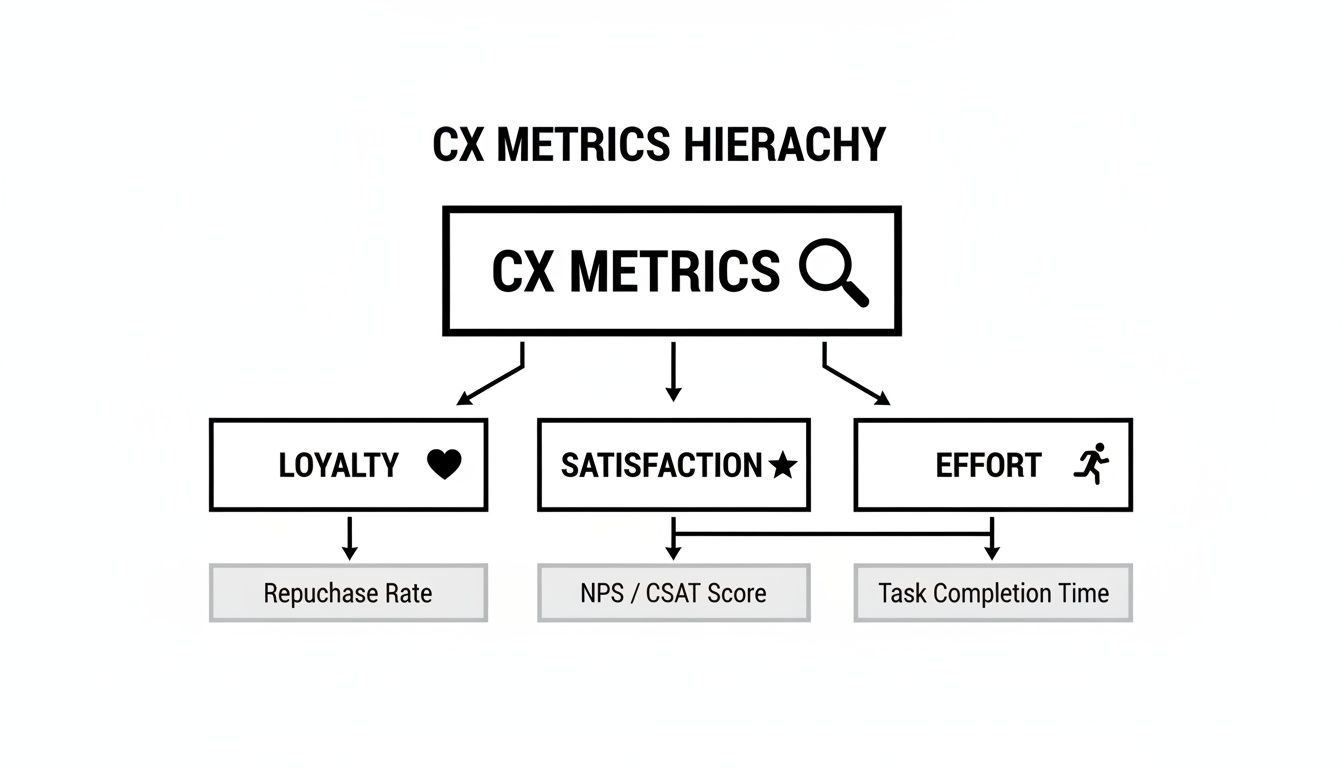 A hierarchy diagram illustrating CX metrics, categorized into loyalty, satisfaction, and effort, with specific measurements listed.