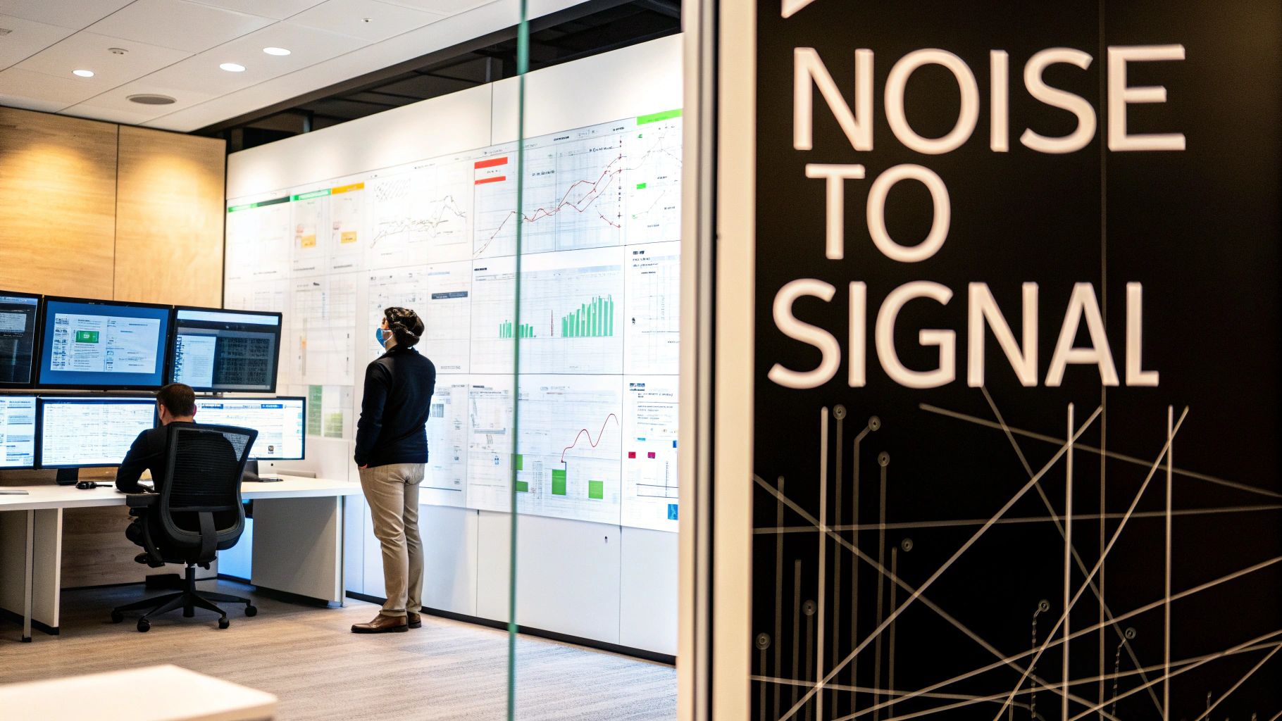 Two professionals in a modern office, one working at a desk, the other viewing a large data visualization wall.