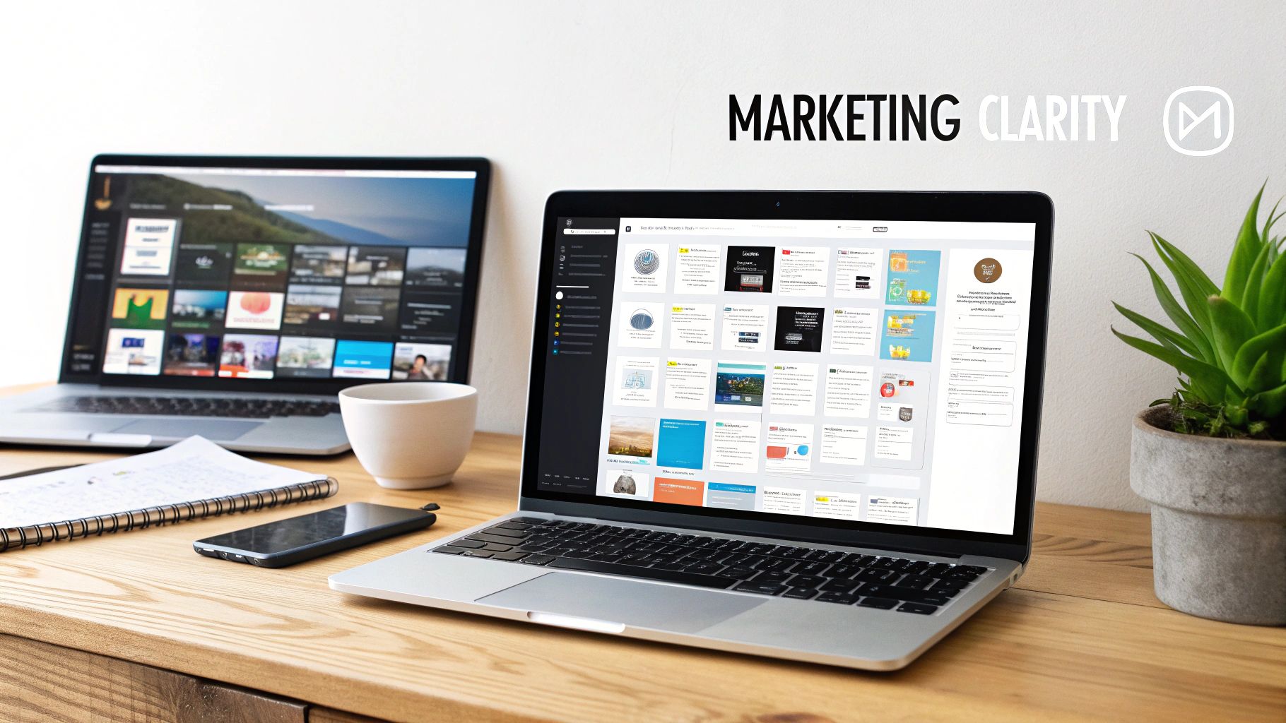 Two laptops on a wooden desk with a notebook, smartphone, coffee, and plant. Marketing Clarity text on the wall.
