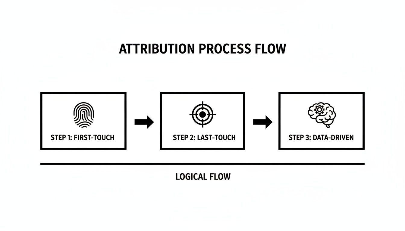 Flowchart illustrating the attribution process flow with steps: First-Touch, Last-Touch, and Data-Driven.