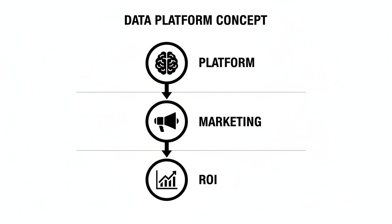 A data platform concept flowchart showing the progression from platform (brain) to marketing (megaphone) and then to ROI (chart).