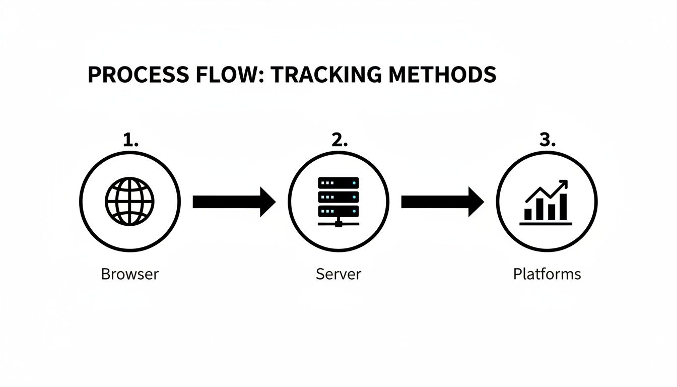 A process flow diagram illustrating tracking methods: data moves from a browser to a server, then to platforms for analysis.