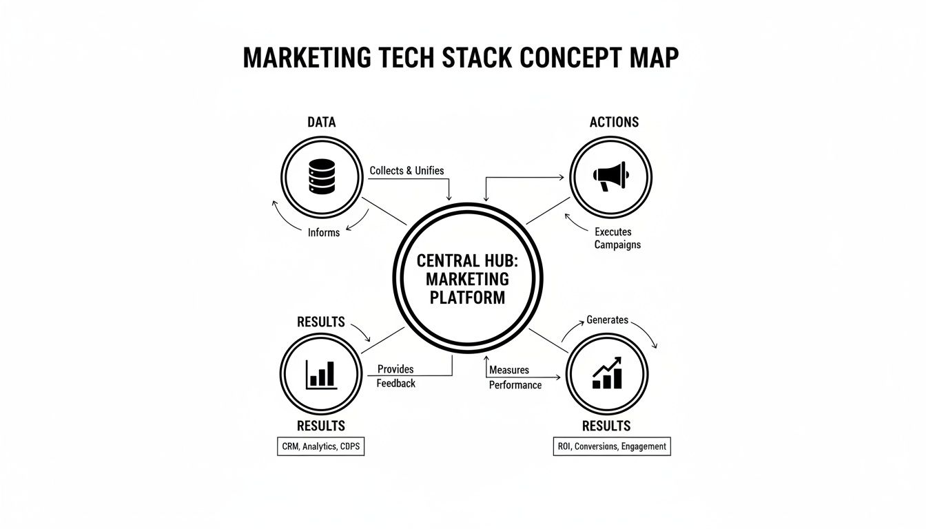 A concept map showing a marketing tech stack with a central marketing platform, data, actions, and results.