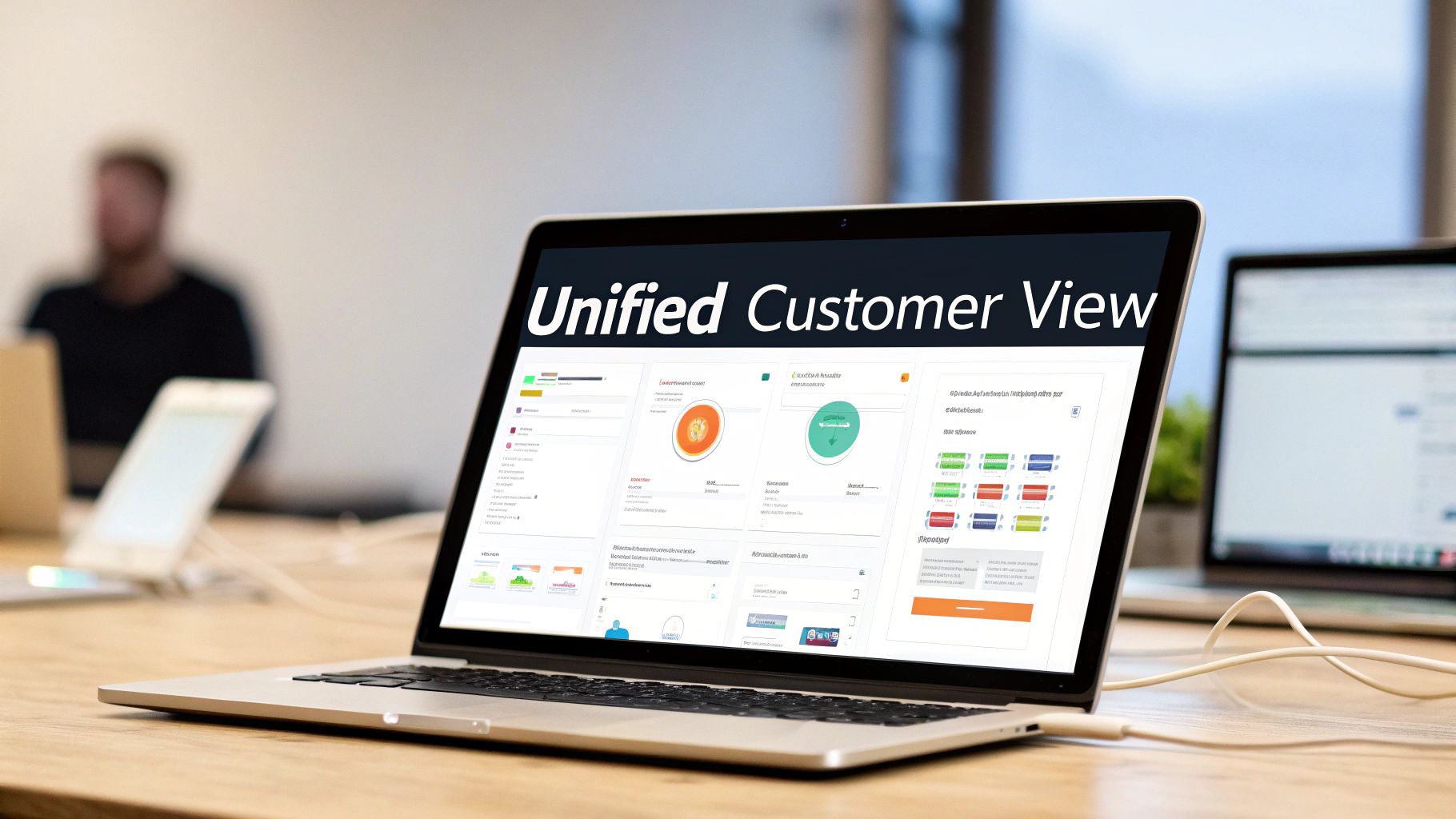 A laptop screen displays a "Unified Customer View" dashboard with charts and customer data.
