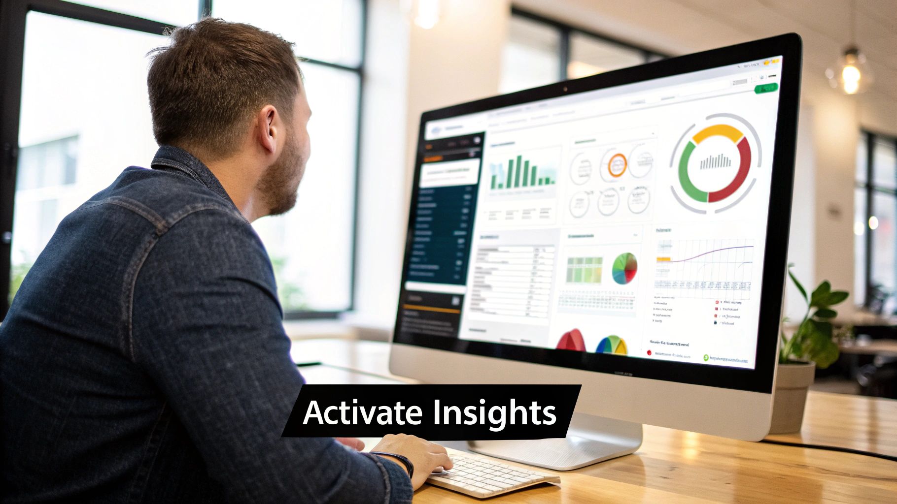 Man viewing a computer screen displaying various data dashboards, charts, and graphs for insights.