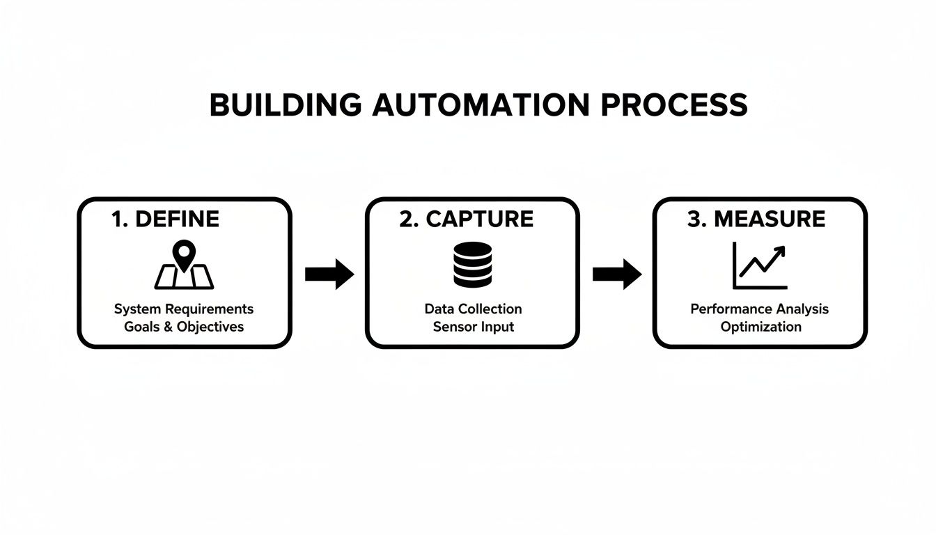 A diagram illustrates a 3-step building automation process: Define, Capture, and Measure.