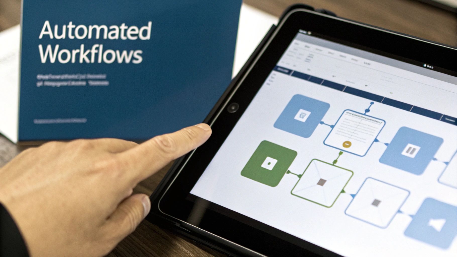 A hand interacts with a tablet displaying a digital workflow diagram next to a book titled 'Automated Workflows'.