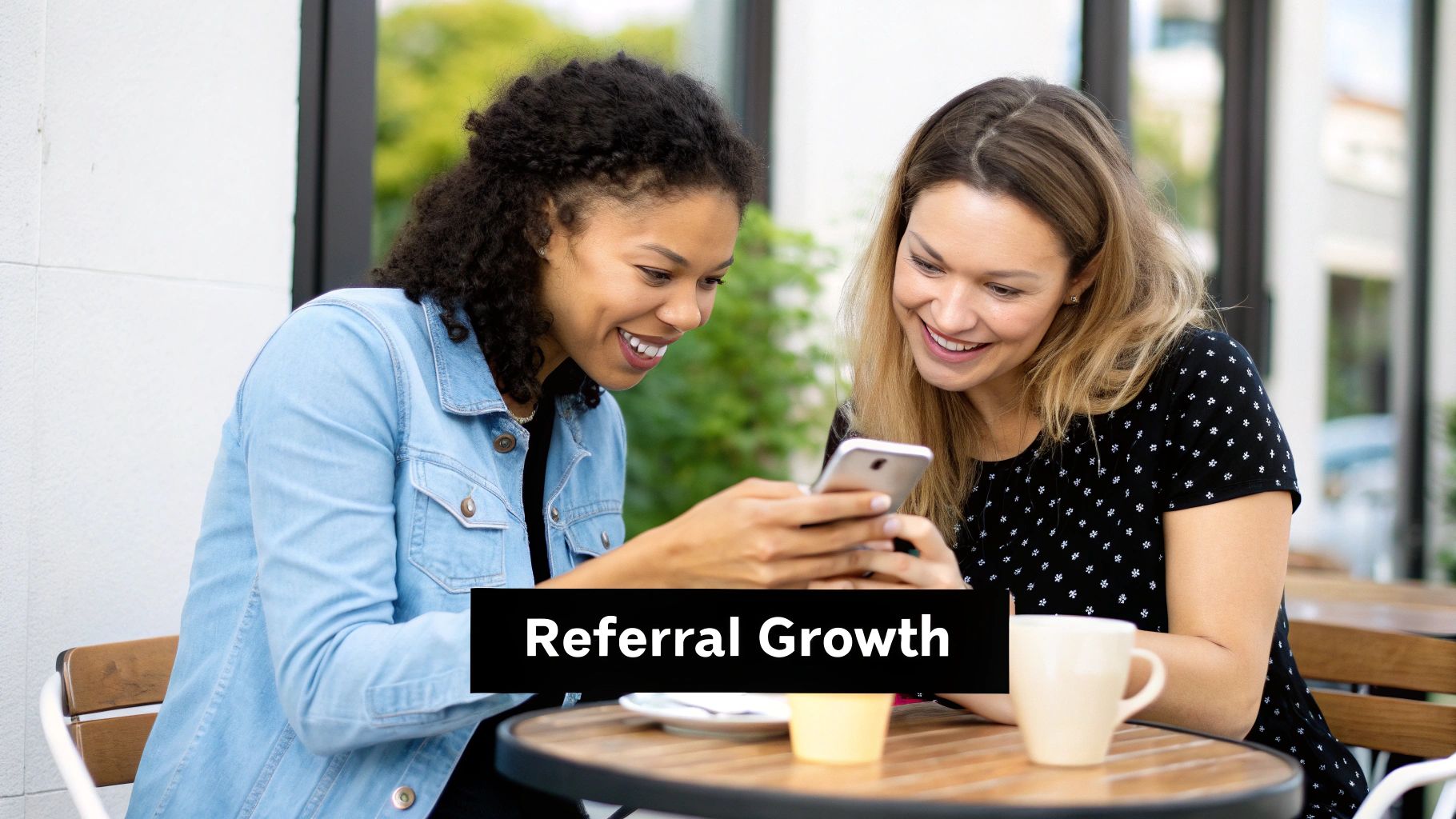 Two smiling women sharing a smartphone at an outdoor cafe table, discussing referral growth.
