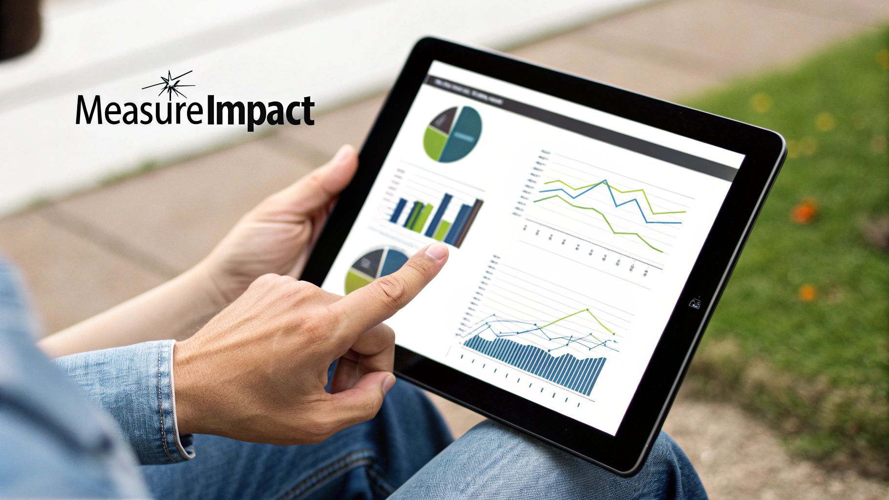A person's hands holding a tablet displaying business analytics, charts, and graphs. The 'MeasureImpact' logo is visible.