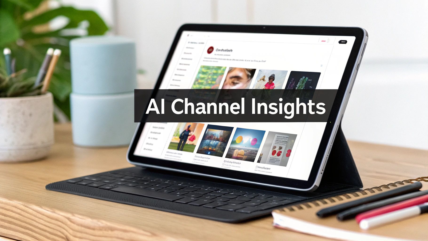 A tablet displaying "AI Channel Insights" on its screen, on a desk with a keyboard, pens, and plant.