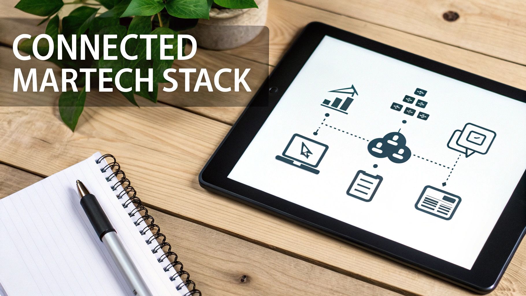Digital tablet illustrating a connected MarTech stack with icons for data, content, and customer management.