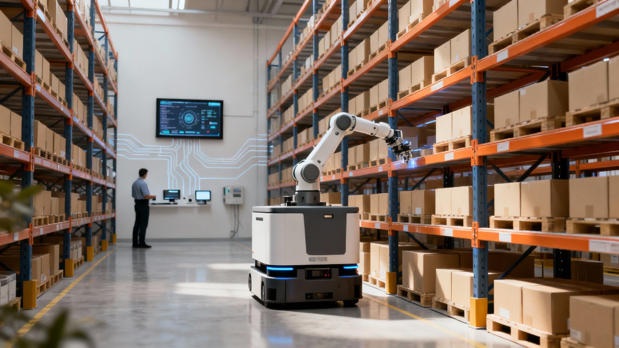 An autonomous mobile robot with a robotic arm works in a smart warehouse, monitored by a person.