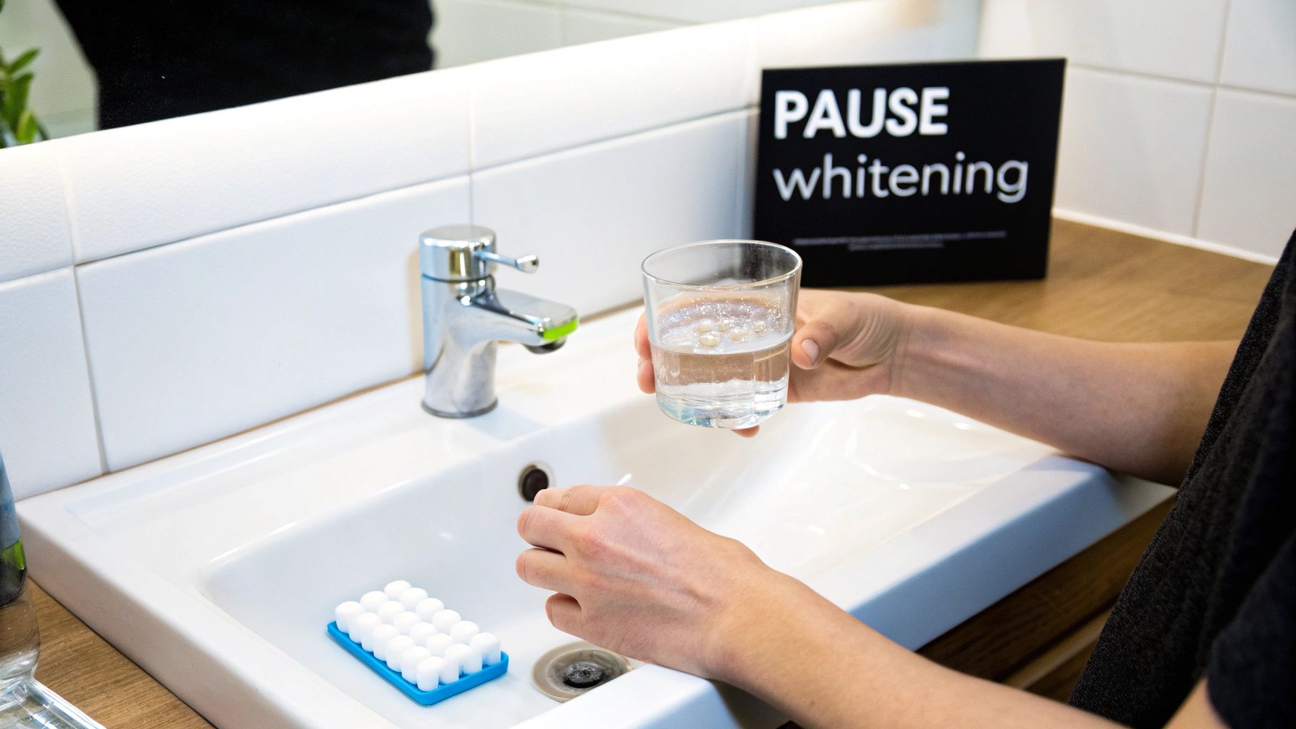 A person's hands holding a glass of water above a bathroom sink with a 'PAUSE whitening' sign.
