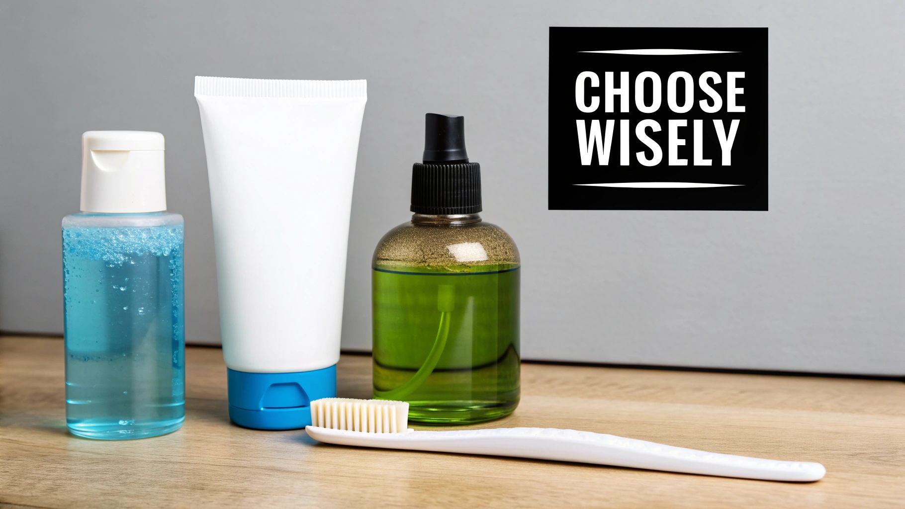 Dental hygiene products like toothpaste, mouthwash, and a toothbrush with a 'CHOOSE WISELY' message.