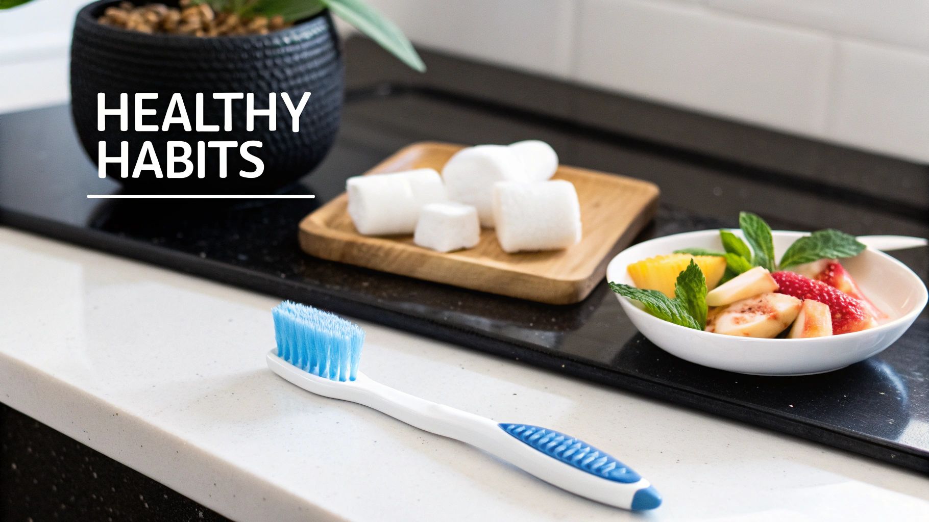 A toothbrush, fresh fruit salad, and marshmallows next to a plant, illustrating healthy habits.