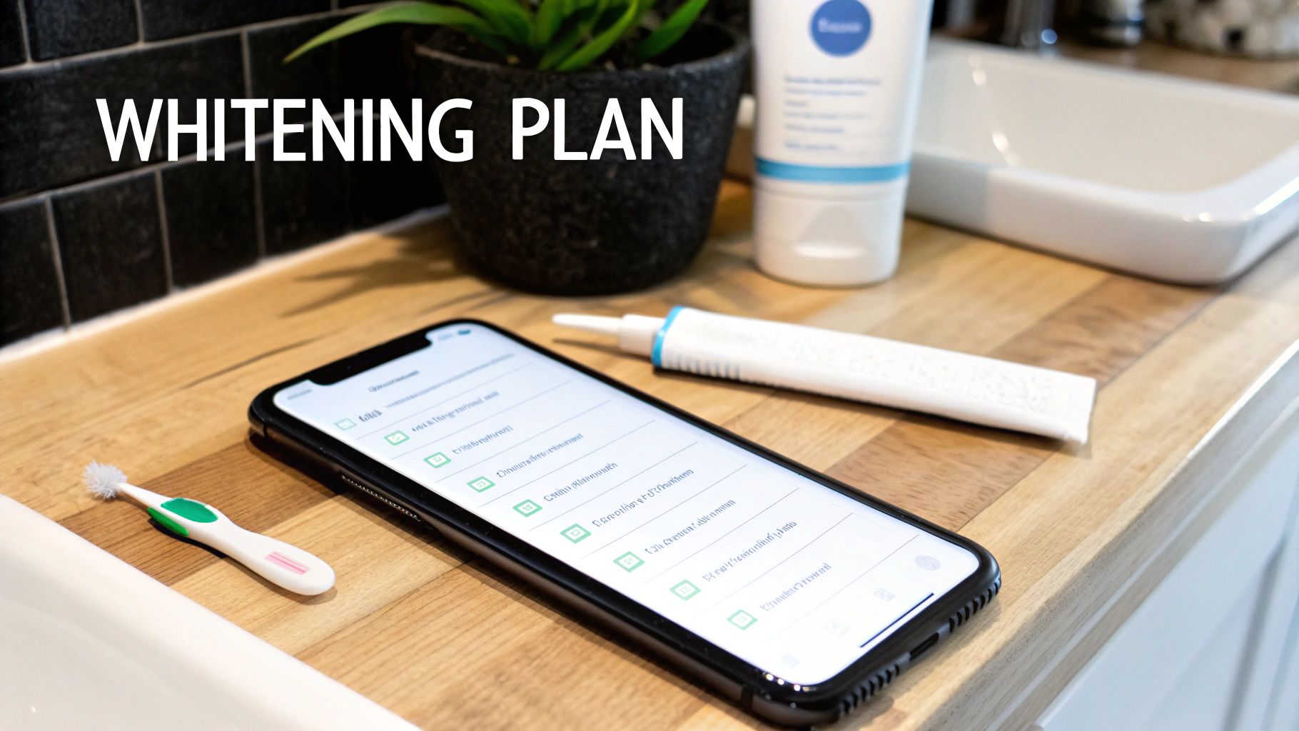 A smartphone displaying a whitening plan app, next to teeth whitening products and a toothbrush on a bathroom counter.