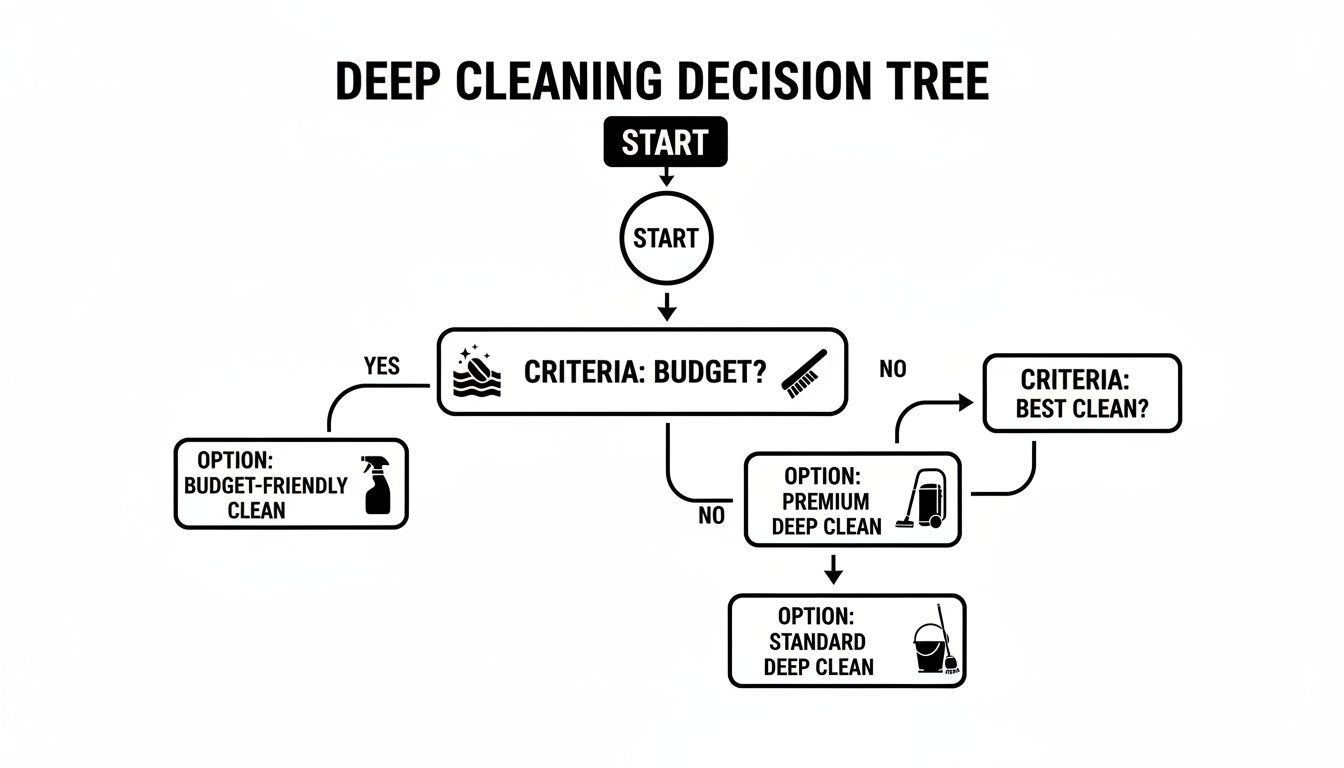 A deep cleaning decision tree flowchart outlining options based on budget and desired cleaning quality.