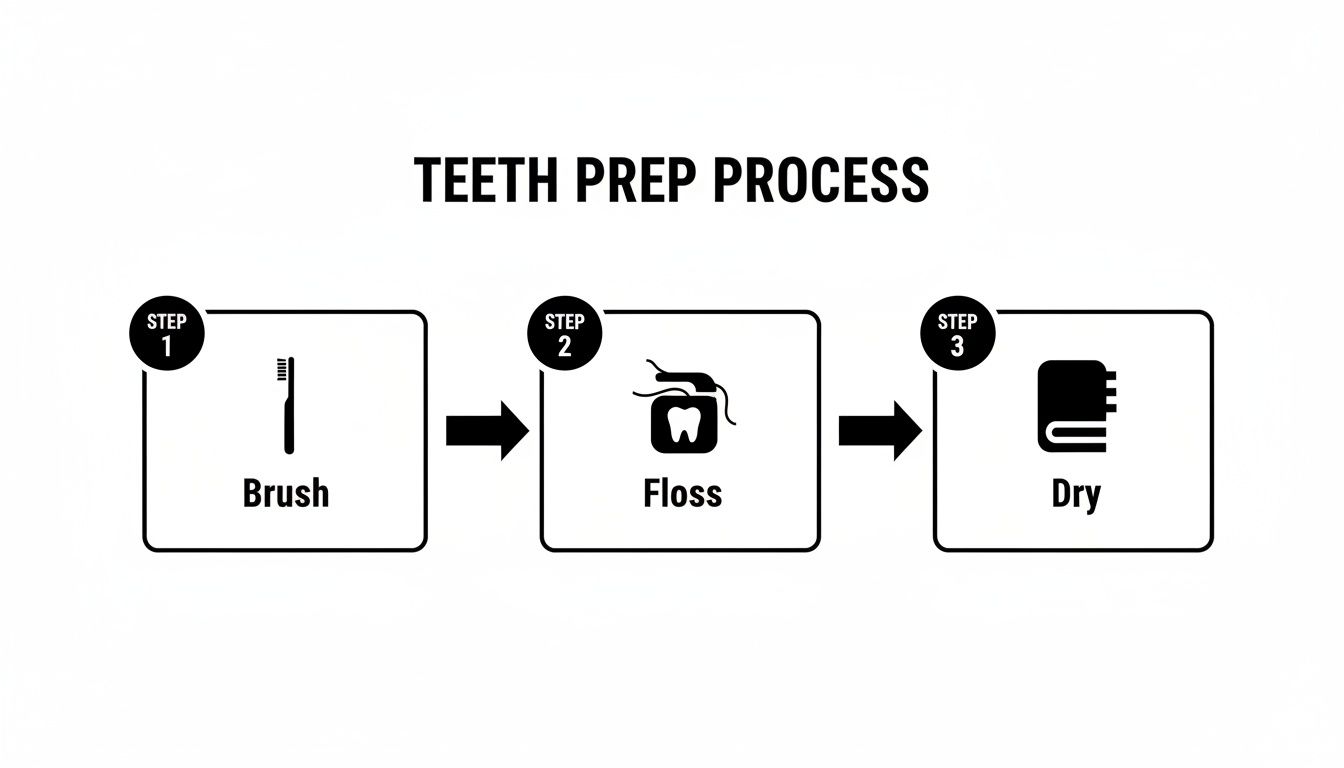 A diagram illustrating the three-step teeth preparation process: brush, floss, and dry.