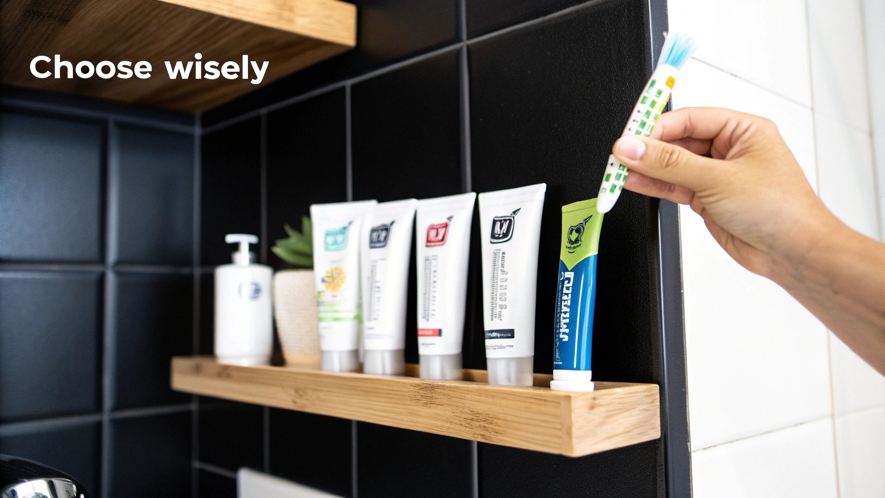 A hand holds a toothbrush, comparing it to several toothpaste tubes on a wooden shelf, with the text 'Choose wisely'.