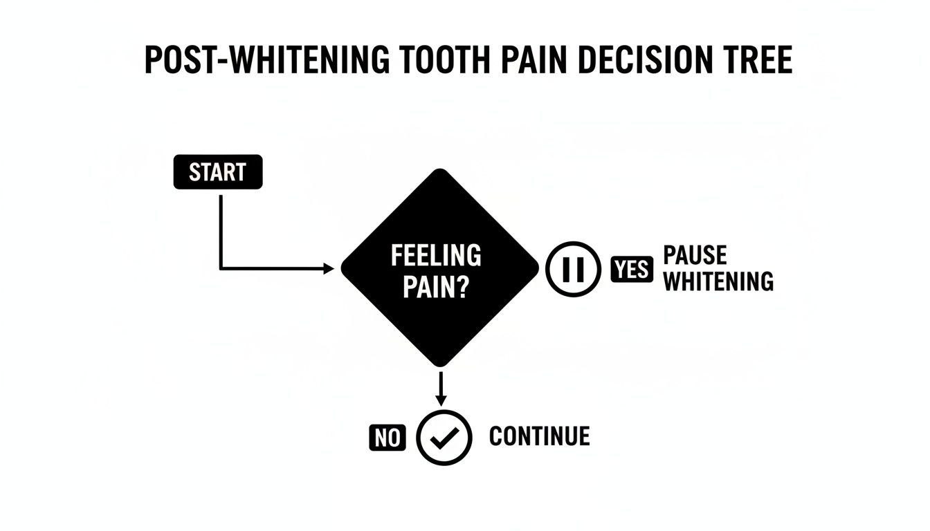 Flowchart illustrating a decision process for post-whitening tooth pain: start, feel pain, pause or continue.