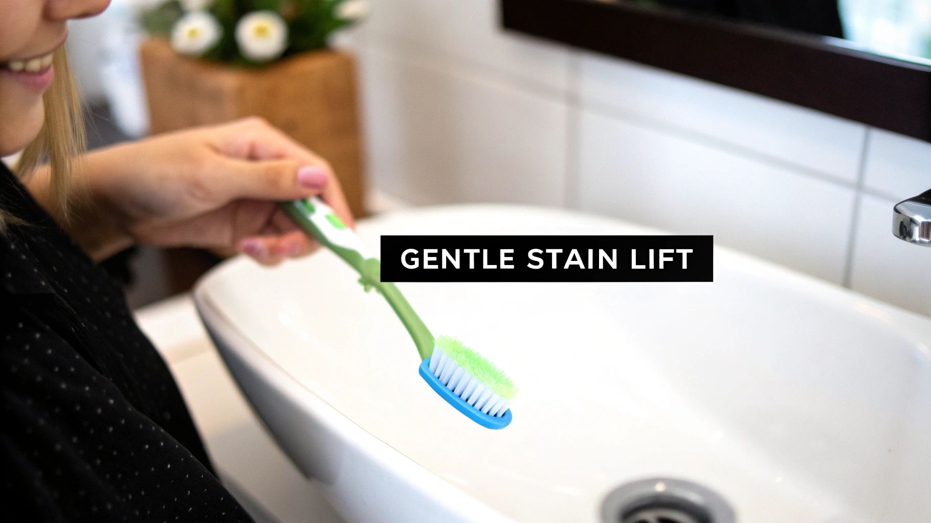 A person holds a green and blue toothbrush above a white sink, featuring 'Gentle Stain Lift' text.