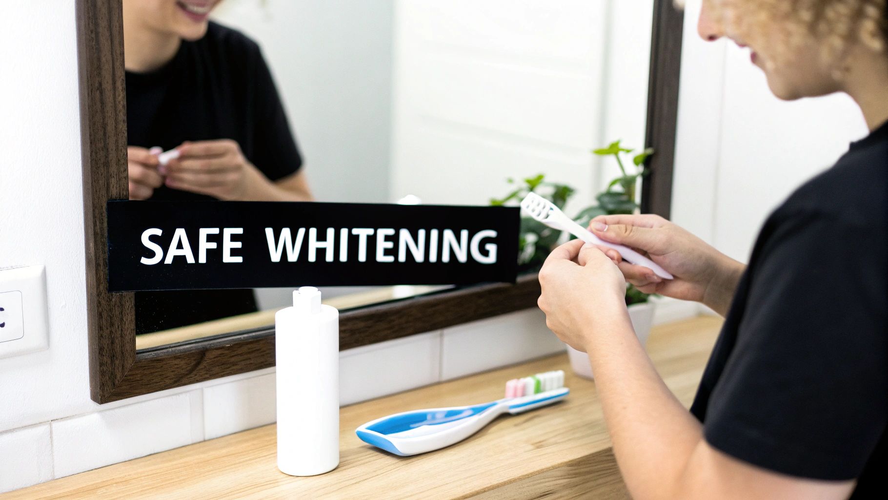 Smiling person holding a toothbrush, reflected in a mirror with a 'SAFE WHITENING' sign.