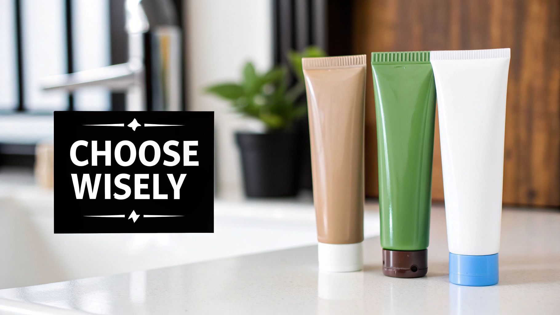 Three colorful tubes of personal care products, with a 'CHOOSE WISELY' sign on a white counter.