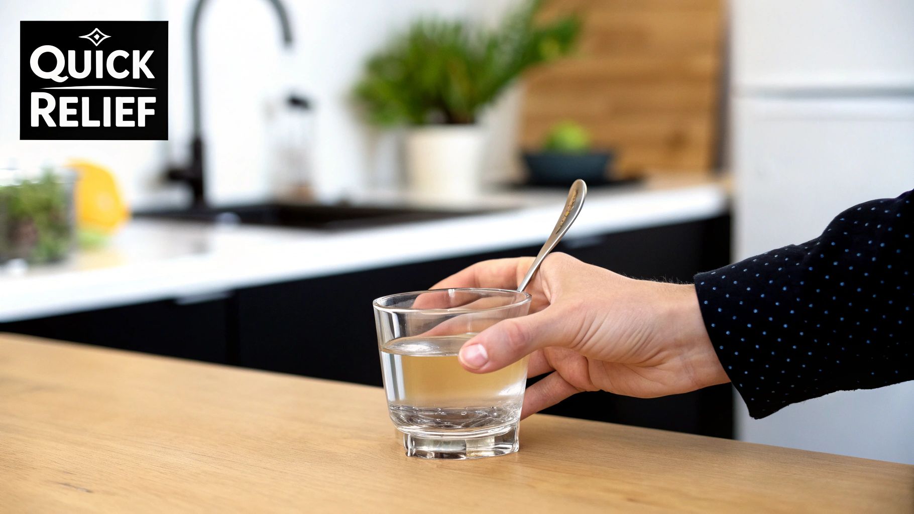A hand holds a glass of liquid with a spoon in a modern kitchen, with a 'Quick Relief' logo.