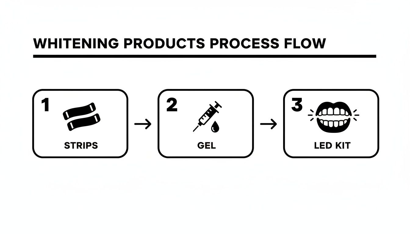 A process flow diagram illustrating three steps for teeth whitening products: strips, gel, and LED kit.