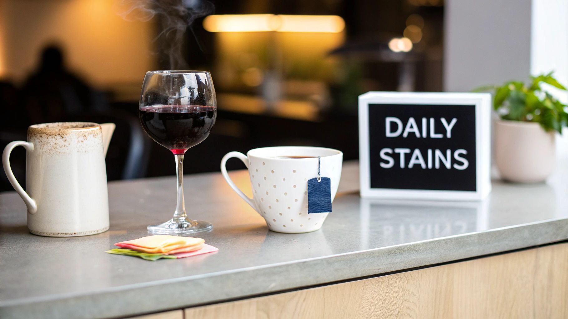 A counter with red wine, hot tea, a pitcher, colorful napkins, and a "DAILY STAINS" sign.