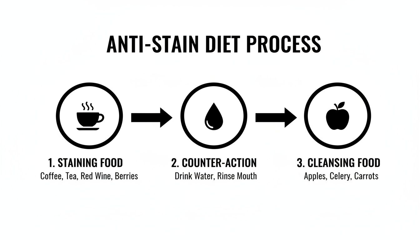 Anti-stain diet process showing steps for staining foods, counter-actions, and cleansing foods.
