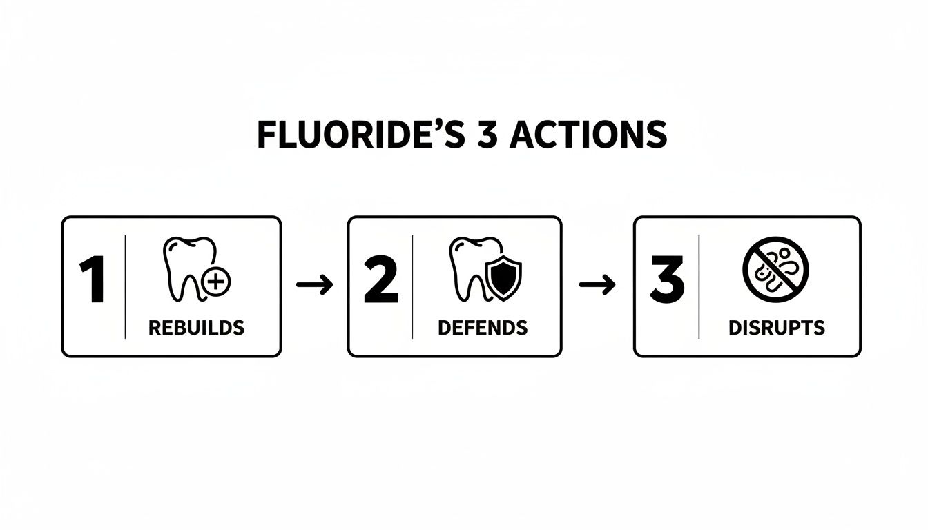 An infographic illustrating fluoride's three actions: rebuilds teeth, defends against decay, and disrupts bacteria.