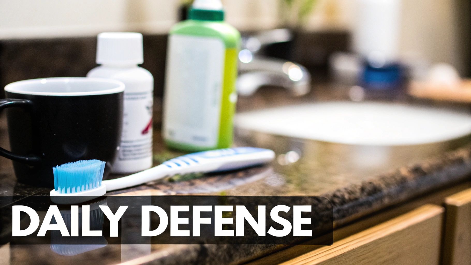 A toothbrush with blue bristles, a black mug, and bottles on a bathroom counter near a sink, captioned 'DAILY DEFENSE'.