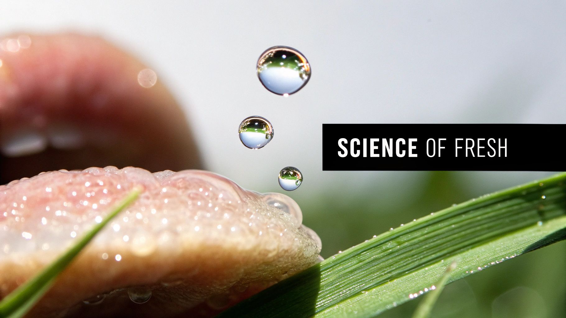 Close-up of a wet tongue and floating water droplets reflecting greenery, with 'SCIENCE OF FRESH' text.