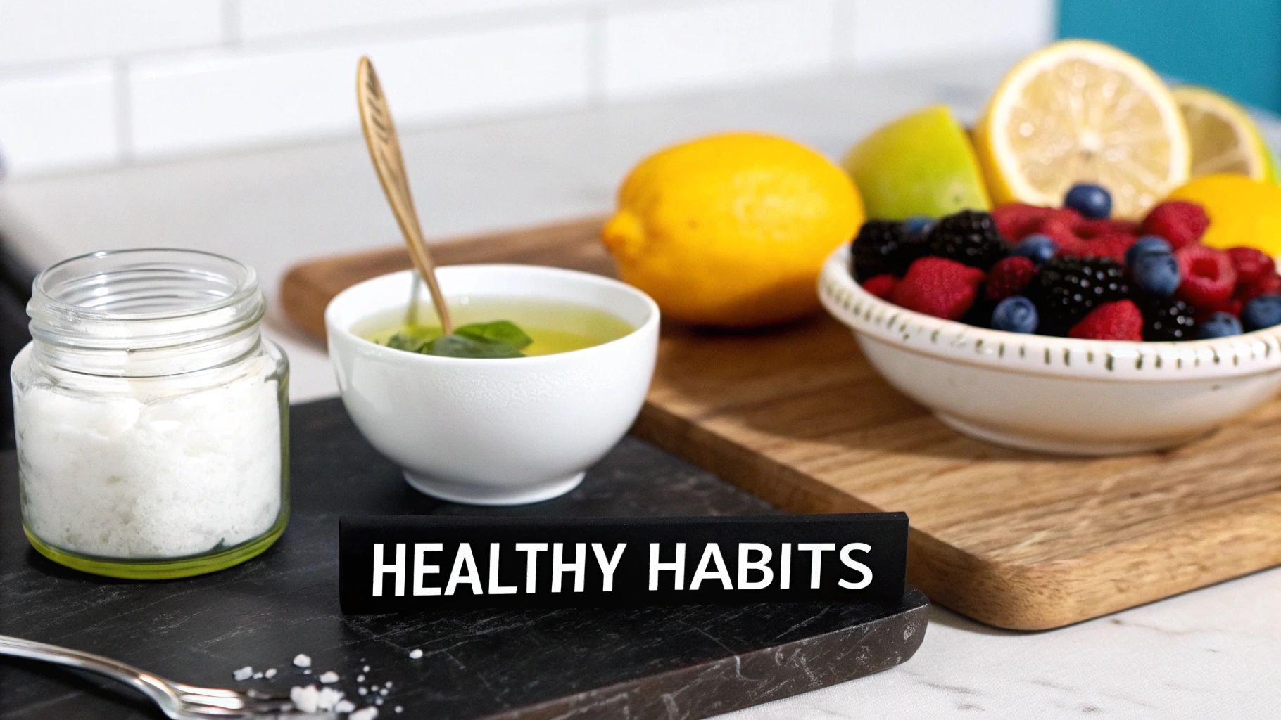 A close-up of healthy foods including mixed berries, citrus fruits, green tea, and a jar of salt, with 'HEALTHY HABITS' text.