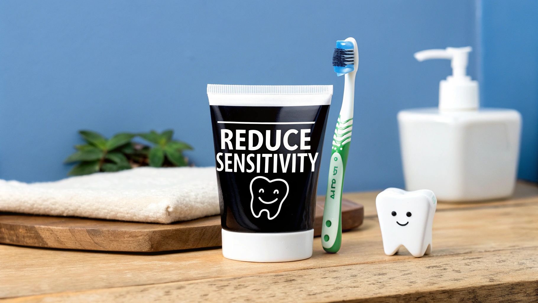 A black toothpaste tube for sensitive teeth, a toothbrush, and a cartoon tooth on a wooden surface.