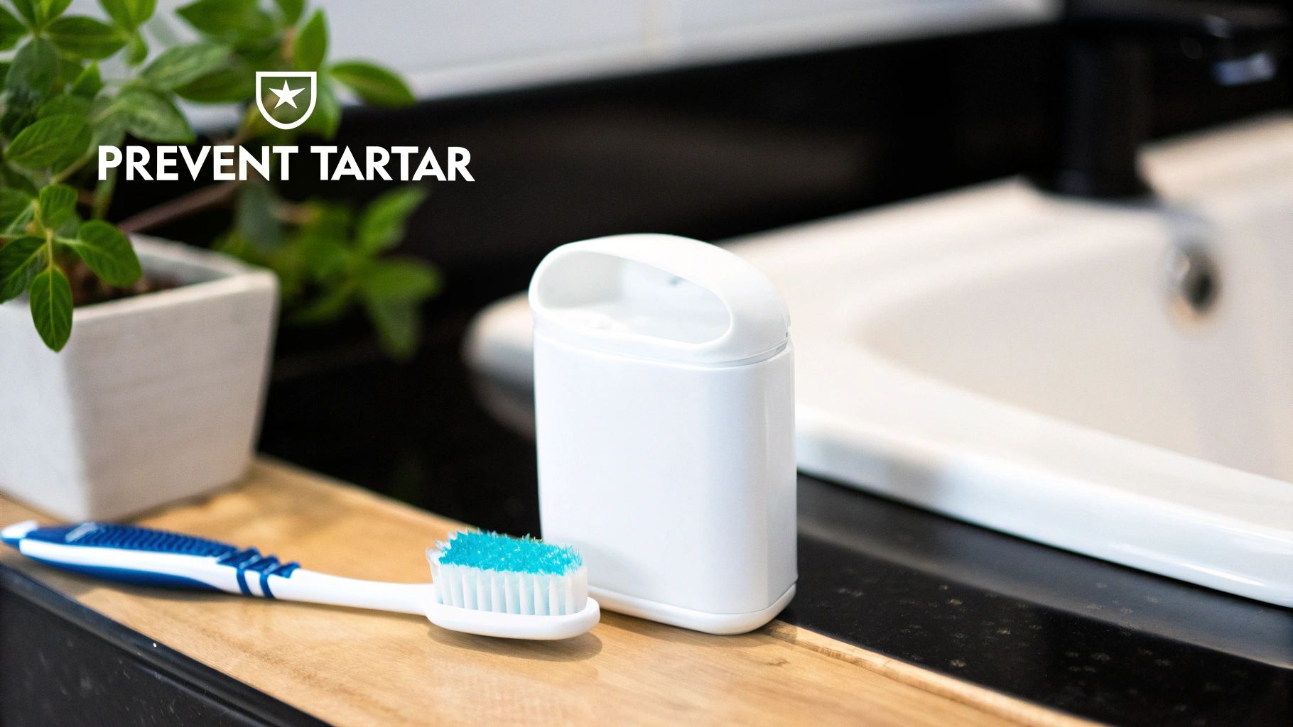 A toothbrush with blue toothpaste and a white container on a wooden bathroom counter, "Prevent Tartar" text.