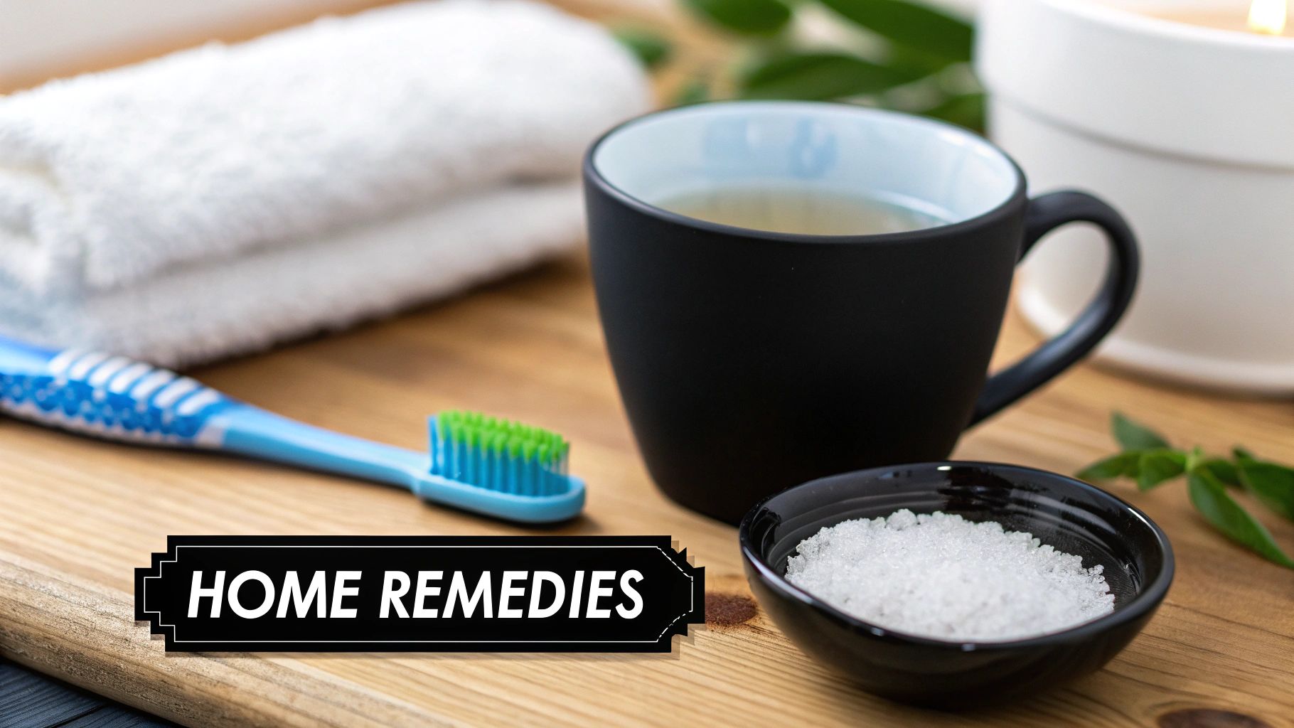 A toothbrush, a bowl of salt, and a mug of liquid, commonly used for home remedies, on a wooden table.