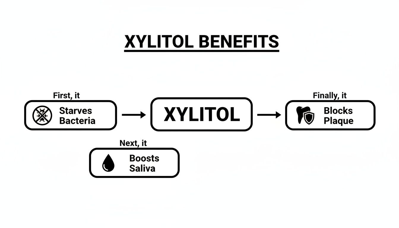 Flowchart illustrating the benefits of xylitol: starving bacteria, boosting saliva, and blocking plaque.